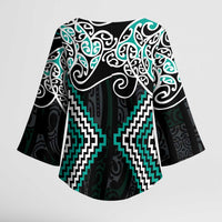 Turquoise Aotearoa Tukutuku Manawa Tapu Kimono Sleeve Blouse Ta Moko Toi Maori - Polynesian Pride