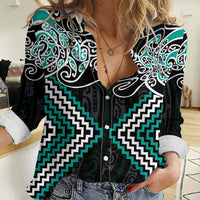 Turquoise Aotearoa Tukutuku Manawa Tapu Women Casual Shirt Ta Moko Toi Maori LT9 Female Turquoise - Polynesian Pride
