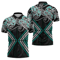 Turquoise Aotearoa Tukutuku Manawa Tapu Zipper Polo Shirt Ta Moko Toi Maori - Polynesian Pride