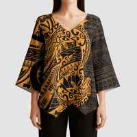 Gold Couple Dolphins Maori Polynesian Style Kimono Sleeve Blouse - Polynesian Pride