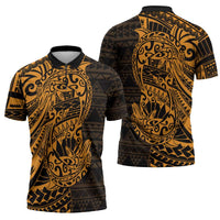Gold Couple Dolphins Maori Polynesian Style Zipper Polo Shirt - Polynesian Pride