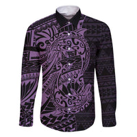 Purple Couple Dolphins Maori Polynesian Style Family Matching Off Shoulder Short Dress and Hawaiian Shirt