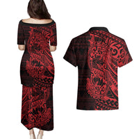 Red Couple Dolphins Maori Polynesian Style Couples Matching Puletasi and Hawaiian Shirt