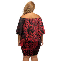 Red Couple Dolphins Maori Polynesian Style Off Shoulder Short Dress