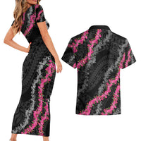 Guam Bougainvillea Lei Couples Matching Short Sleeve Bodycon Dress and Hawaiian Shirt Chamorro Tribal Pattern