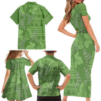 Hawaii Molokai Island Kukui Nut Flowers Family Matching Short Sleeve Bodycon Dress and Hawaiian Shirt Tribal Kakau Pattern