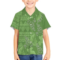 Hawaii Molokai Island Kukui Nut Flowers Family Matching Short Sleeve Bodycon Dress and Hawaiian Shirt Tribal Kakau Pattern