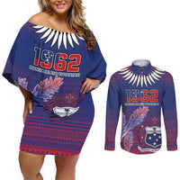 Custom Samoa 1962 Independence Day Custom Couples Matching Off Shoulder Short Dress and Long Sleeve Button Shirt Manuia le Aso Tuto'atasi Ula Nifo Blue Art LT9 Blue - Polynesian Pride