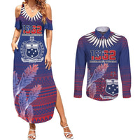 Custom Samoa 1962 Independence Day Custom Couples Matching Summer Maxi Dress and Long Sleeve Button Shirt Manuia le Aso Tuto'atasi Ula Nifo Blue Art LT9 Blue - Polynesian Pride