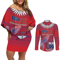 Custom Samoa 1962 Independence Day Custom Couples Matching Off Shoulder Short Dress and Long Sleeve Button Shirt Manuia le Aso Tuto'atasi Ula Nifo Red Art LT9 Red - Polynesian Pride