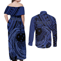 Custom Samoa 62nd Manuia le Aso Tuto'atasi Couples Matching Off Shoulder Maxi Dress and Long Sleeve Button Shirt Samoan Tatau Blue Art