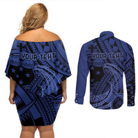 Custom Samoa 62nd Manuia le Aso Tuto'atasi Couples Matching Off Shoulder Short Dress and Long Sleeve Button Shirt Samoan Tatau Blue Art LT9 - Polynesian Pride