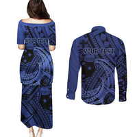 Custom Samoa 62nd Manuia le Aso Tuto'atasi Couples Matching Puletasi and Long Sleeve Button Shirt Samoan Tatau Blue Art