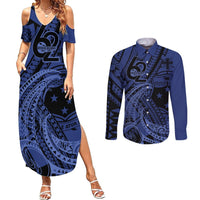 Custom Samoa 62nd Manuia le Aso Tuto'atasi Couples Matching Summer Maxi Dress and Long Sleeve Button Shirt Samoan Tatau Blue Art LT9 Blue - Polynesian Pride