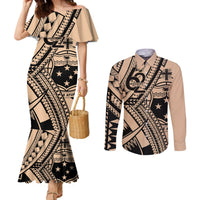Custom Samoa Manuia le 62 Tausaga O le Tutoatasi Couples Matching Mermaid Dress and Long Sleeve Button Shirt Samoan Tatau Beige Art LT9 Beige - Polynesian Pride