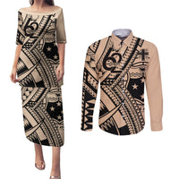 Custom Samoa Manuia le 62 Tausaga O le Tutoatasi Couples Matching Puletasi and Long Sleeve Button Shirt Samoan Tatau Beige Art LT9 Beige - Polynesian Pride