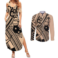 Custom Samoa Manuia le 62 Tausaga O le Tutoatasi Couples Matching Summer Maxi Dress and Long Sleeve Button Shirt Samoan Tatau Beige Art LT9 Beige - Polynesian Pride