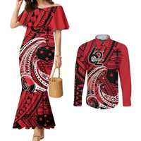 Custom Samoa Manuia le 62 Tausaga O le Tutoatasi Couples Matching Mermaid Dress and Long Sleeve Button Shirt Samoan Tatau Red Art LT9 Red - Polynesian Pride
