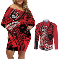 Custom Samoa Manuia le 62 Tausaga O le Tutoatasi Couples Matching Off Shoulder Short Dress and Long Sleeve Button Shirt Samoan Tatau Red Art LT9 Red - Polynesian Pride