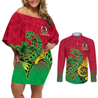 Vanuatu Islands Couples Matching Off Shoulder Short Dress and Long Sleeve Button Shirts Polynesian Tattoo and Sea Turtle LT9 Green - Polynesian Pride