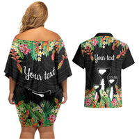 671 Guam Personalised Couples Matching Off Shoulder Short Dress and Hawaiian Shirt Latte Stone and Tropical Flowers