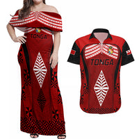 Tonga Rugby Couples Matching Off Shoulder Maxi Dress and Hawaiian Shirt Go Champions World Cup 2023 Ngatu Unique LT9 Red - Polynesian Pride