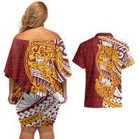 Couple Dolphins Maori Motif Couples Matching Off Shoulder Short Dress and Hawaiian Shirt - Polynesian Pride