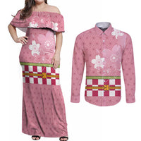 Japanese Asanoha Pattern Couples Matching Off Shoulder Maxi Dress and Long Sleeve Button Shirt Charm Against Evil Spirits LT9 Pink - Polynesian Pride