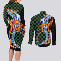 Japanese Asanoha Pattern Couples Matching Long Sleeve Bodycon Dress and Long Sleeve Button Shirt Sun Flame Slayer Dragon Hinokami Kagura Spirit LT9 - Polynesian Pride