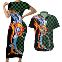 Japanese Asanoha Pattern Couples Matching Short Sleeve Bodycon Dress and Hawaiian Shirt Sun Flame Slayer Dragon Hinokami Kagura Spirit - Polynesian Pride