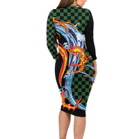 Japanese Asanoha Pattern Long Sleeve Bodycon Dress Sun Flame Slayer Dragon Hinokami Kagura Spirit - Polynesian Pride
