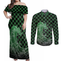 Japanese Asanoha Pattern Couples Matching Off Shoulder Maxi Dress and Long Sleeve Button Shirt Water Breathing Slayer Dragon - Polynesian Pride
