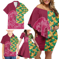 Japanese Bishamon-Kikkou Pattern Family Matching Off Shoulder Short Dress and Hawaiian Shirt Water Pillar Silent River Flow - Polynesian Pride