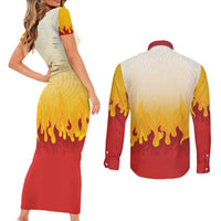 Japanese Kaen Pattern Couples Matching Short Sleeve Bodycon Dress and Long Sleeve Button Shirt Flame Pillar Blazing Lion Heart - Polynesian Pride