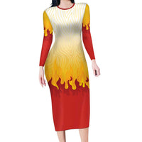 Japanese Kaen Pattern Family Matching Long Sleeve Bodycon Dress and Hawaiian Shirt Flame Pillar Blazing Lion Heart LT9 Mom's Dress Red - Polynesian Pride