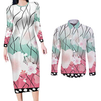 Japanese Kocho Pattern Couples Matching Long Sleeve Bodycon Dress and Long Sleeve Button Shirt Insect Pillar Butterfly Flower Fairy - Polynesian Pride