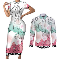 Japanese Kocho Pattern Couples Matching Short Sleeve Bodycon Dress and Long Sleeve Button Shirt Insect Pillar Butterfly Flower Fairy - Polynesian Pride