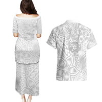 Personalised Tonga White Sunday Couples Matching Puletasi Dress and Hawaiian Shirt Tropical Plant With Polynesian Pattern LT9 - Polynesian Pride