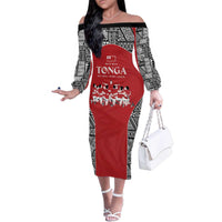 Custom Tonga Rugby Mate Ma'a Family Matching Off The Shoulder Long Sleeve Dress and Hawaiian Shirt Tonga XIII Make History Pacific Champions LT9 Mom's Dress Red - Polynesian Pride