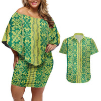 Hawaii Lei with Tribal Quilt Motif Couples Matching Off Shoulder Short Dress and Hawaiian Shirt