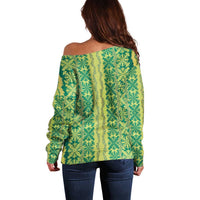 Hawaii Lei with Tribal Quilt Motif Off Shoulder Sweater