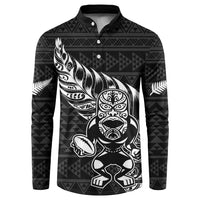New Zealand Rugby Warrior Custom Button Sweatshirt Black Fern Taniko Motif