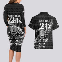 New Zealand Rugby Warrior Custom Couples Matching Long Sleeve Bodycon Dress and Hawaiian Shirt Black Fern Taniko Motif