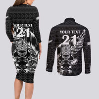 New Zealand Rugby Warrior Custom Couples Matching Long Sleeve Bodycon Dress and Long Sleeve Button Shirt Black Fern Taniko Motif