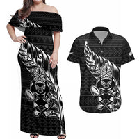 New Zealand Rugby Warrior Custom Couples Matching Off Shoulder Maxi Dress and Hawaiian Shirt Black Fern Taniko Motif