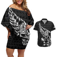 New Zealand Rugby Warrior Custom Couples Matching Off Shoulder Short Dress and Hawaiian Shirt Black Fern Taniko Motif