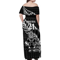 New Zealand Rugby Warrior Custom Family Matching Off Shoulder Maxi Dress and Hawaiian Shirt Black Fern Taniko Motif