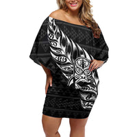 New Zealand Rugby Warrior Custom Family Matching Off Shoulder Short Dress and Hawaiian Shirt Black Fern Taniko Motif