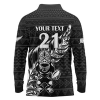 New Zealand Rugby Warrior Custom Long Sleeve Polo Shirt Black Fern Taniko Motif