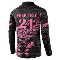 New Zealand Rugby Warrior Custom Button Sweatshirt Pink Fern Taniko Motif